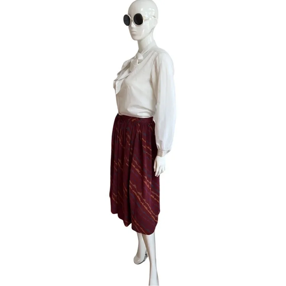 Vintage 1980s High Waist Plum Abstract Print Pleated Fit and Flare Midi Skirt
